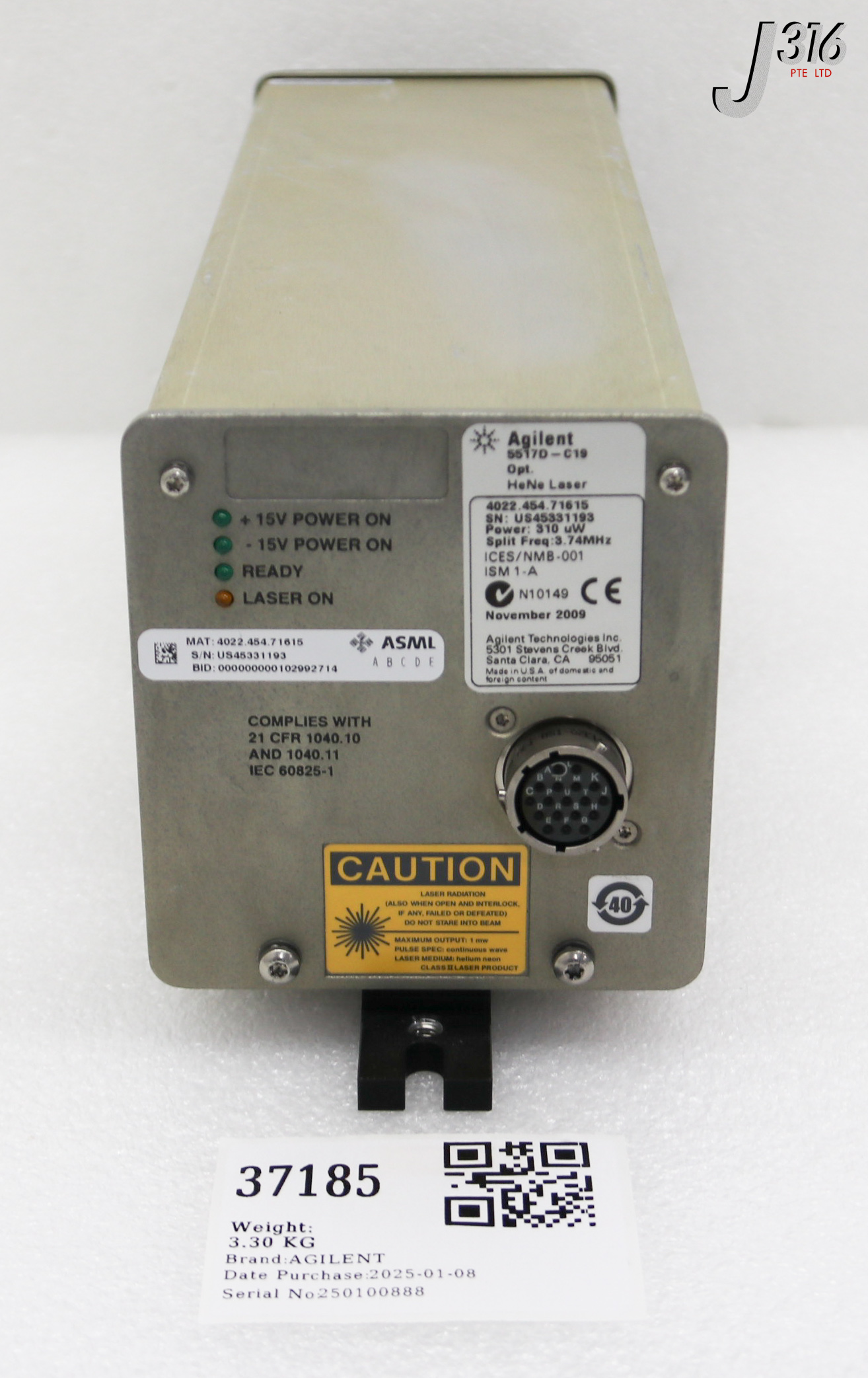 37185 AGILENT LASER HEAD, HeNe, POWER 310uW, 3.74MHz (PARTS) 5517D